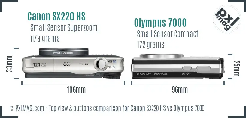 Canon SX220 HS vs Olympus 7000 top view buttons comparison