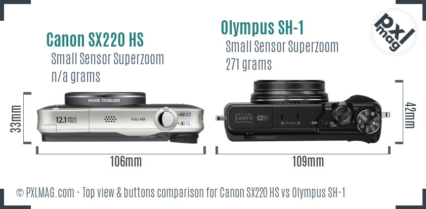 Canon SX220 HS vs Olympus SH-1 top view buttons comparison