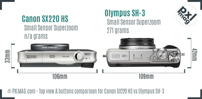 Canon SX220 HS vs Olympus SH-3 top view buttons comparison