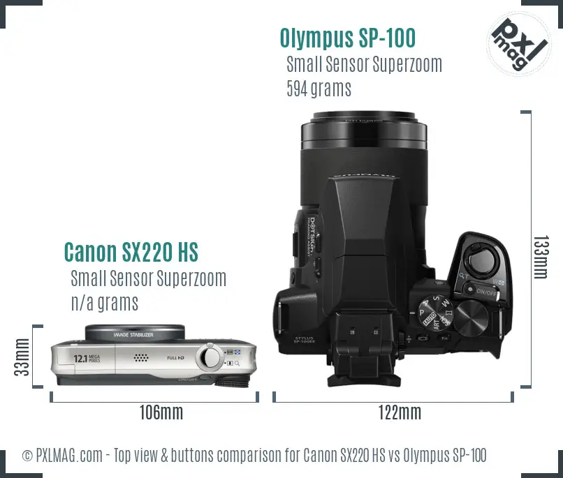 Canon SX220 HS vs Olympus SP-100 top view buttons comparison