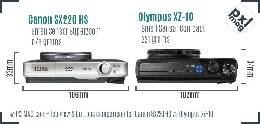 Canon SX220 HS vs Olympus XZ-10 top view buttons comparison Canon SX220 HS vs Olympus XZ-10 top view buttons comparison
