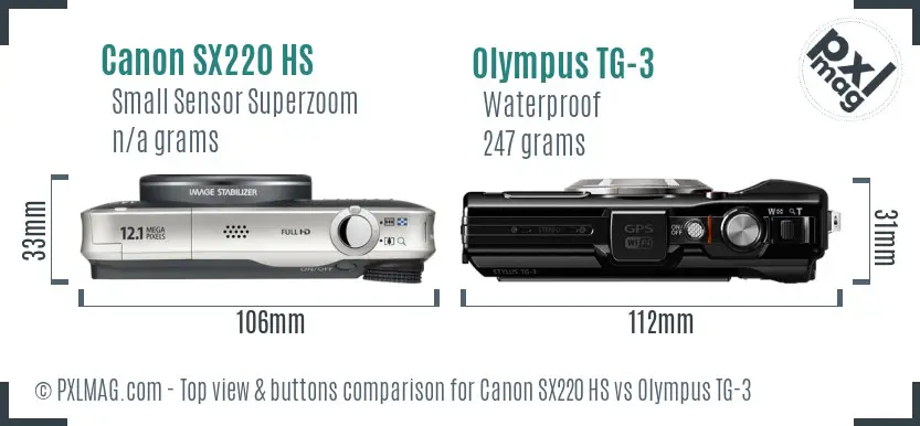 Canon SX220 HS vs Olympus TG-3 top view buttons comparison