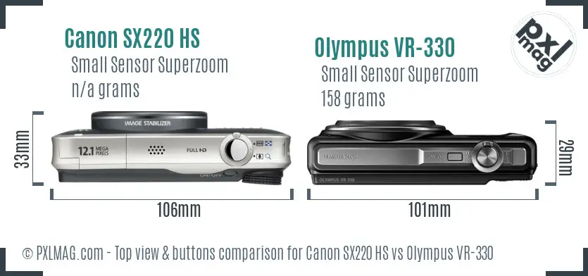 Canon SX220 HS vs Olympus VR-330 top view buttons comparison