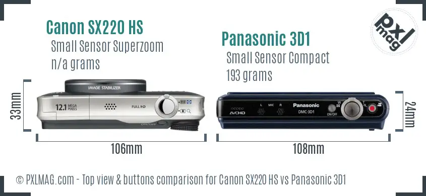 Canon SX220 HS vs Panasonic 3D1 top view buttons comparison