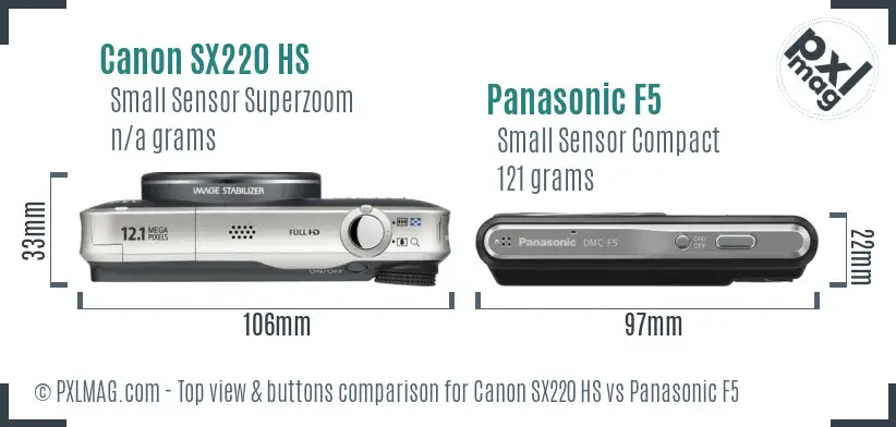Canon SX220 HS vs Panasonic F5 top view buttons comparison