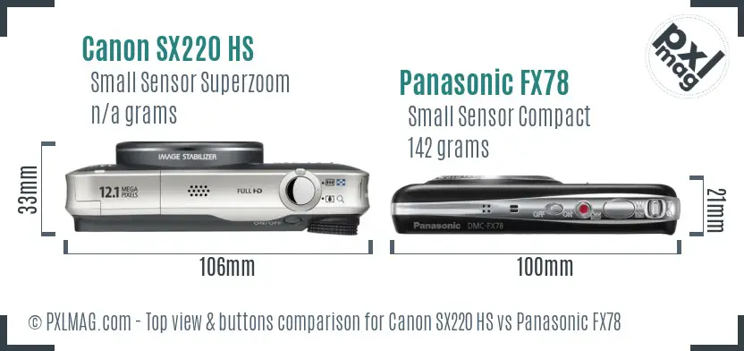 Canon SX220 HS vs Panasonic FX78 top view buttons comparison