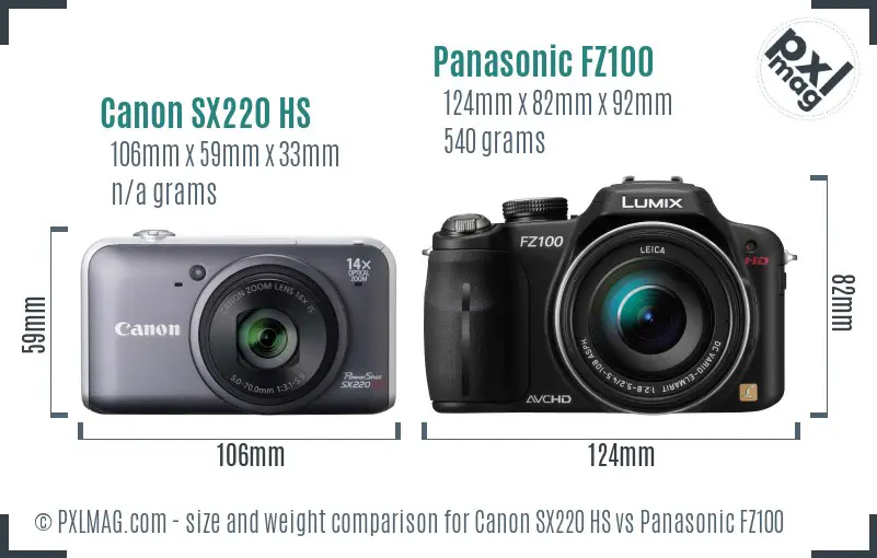 Canon SX220 HS vs Panasonic FZ100 size comparison Canon SX220 HS vs Panasonic FZ100 size comparison