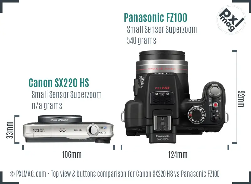 Canon SX220 HS vs Panasonic FZ100 top view buttons comparison Canon SX220 HS vs Panasonic FZ100 top view buttons comparison