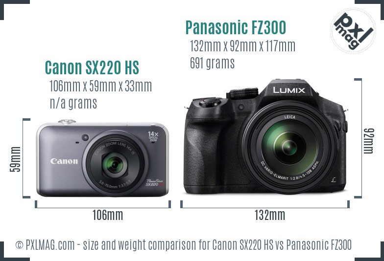 Canon SX220 HS vs Panasonic FZ300 size comparison