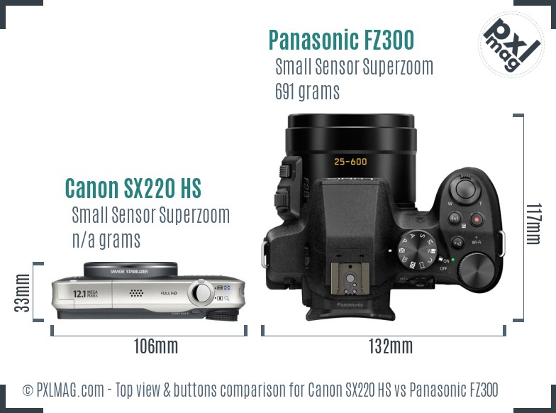 Canon SX220 HS vs Panasonic FZ300 top view buttons comparison