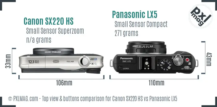Canon SX220 HS vs Panasonic LX5 top view buttons comparison Canon SX220 HS vs Panasonic LX5 top view buttons comparison