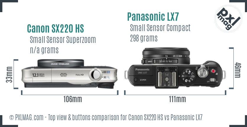 Canon SX220 HS vs Panasonic LX7 top view buttons comparison