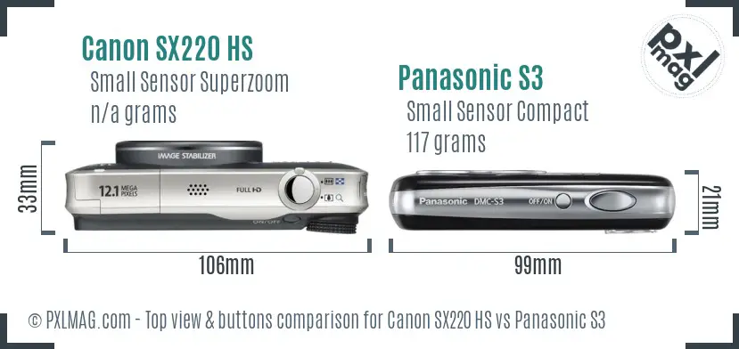 Canon SX220 HS vs Panasonic S3 top view buttons comparison