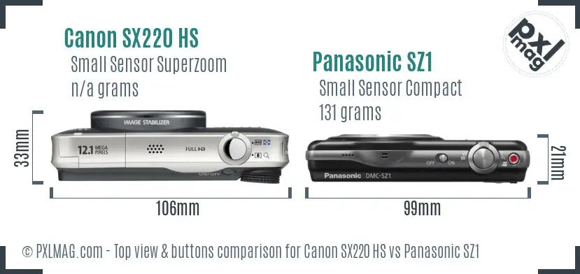 Canon SX220 HS vs Panasonic SZ1 top view buttons comparison Canon SX220 HS vs Panasonic SZ1 top view buttons comparison