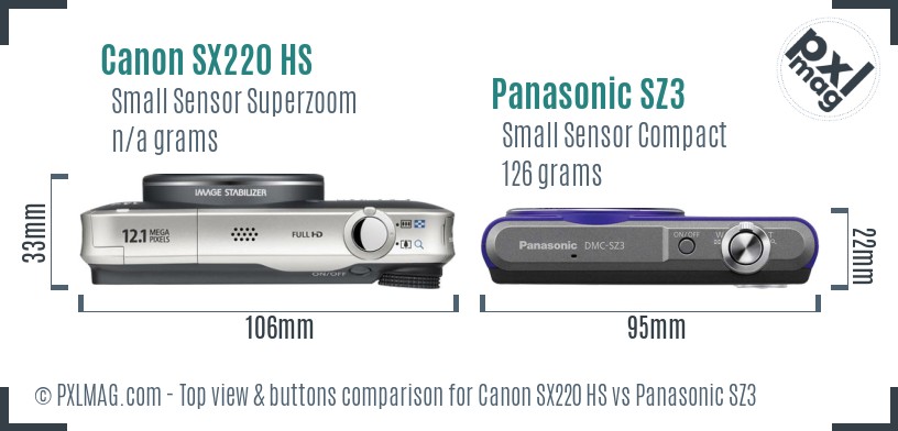 Canon SX220 HS vs Panasonic SZ3 top view buttons comparison