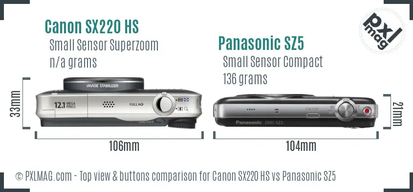 Canon SX220 HS vs Panasonic SZ5 top view buttons comparison