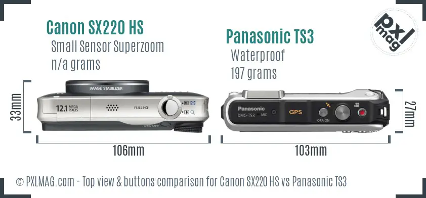 Canon SX220 HS vs Panasonic TS3 top view buttons comparison