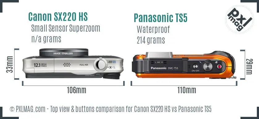 Canon SX220 HS vs Panasonic TS5 top view buttons comparison Canon SX220 HS vs Panasonic TS5 top view buttons comparison