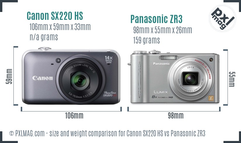 Canon SX220 HS vs Panasonic ZR3 size comparison