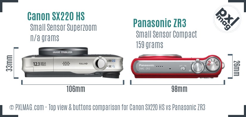 Canon SX220 HS vs Panasonic ZR3 top view buttons comparison