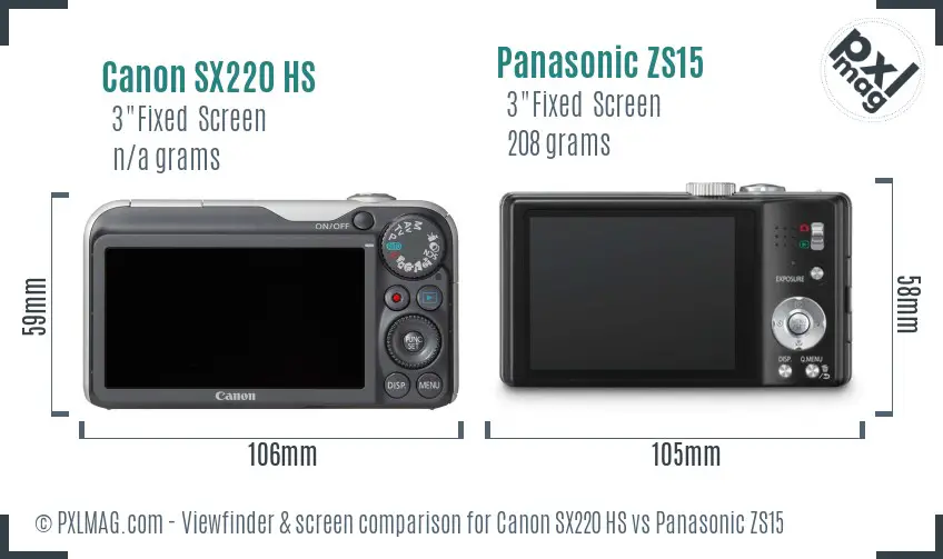 Canon SX220 HS vs Panasonic ZS15 Screen and Viewfinder comparison