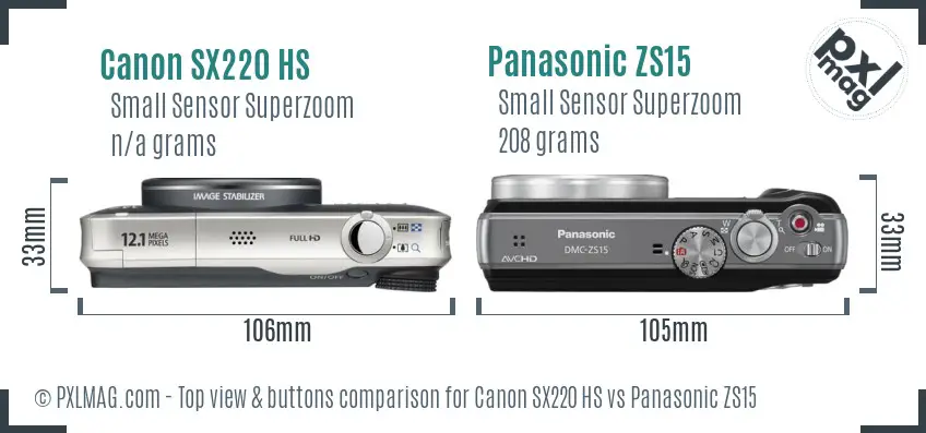 Canon SX220 HS vs Panasonic ZS15 top view buttons comparison