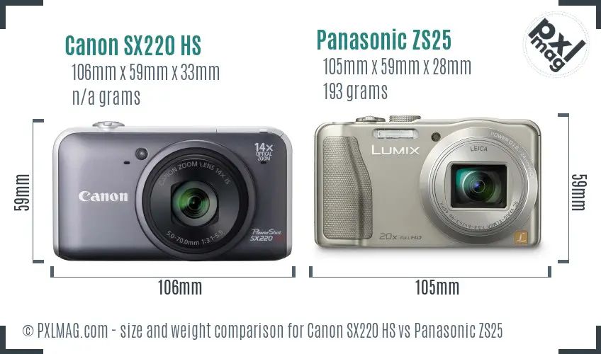 Canon SX220 HS vs Panasonic ZS25 size comparison