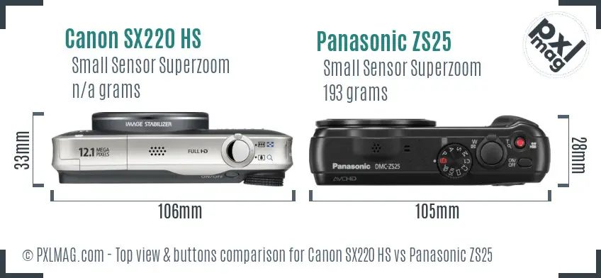 Canon SX220 HS vs Panasonic ZS25 top view buttons comparison