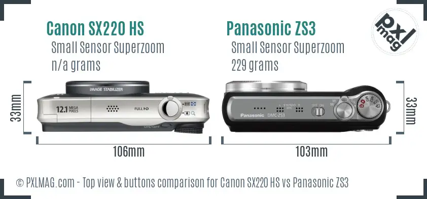 Canon SX220 HS vs Panasonic ZS3 top view buttons comparison