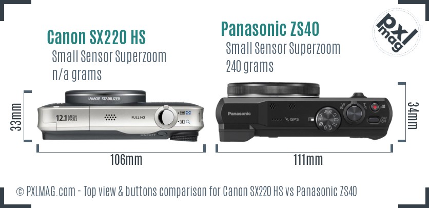 Canon SX220 HS vs Panasonic ZS40 top view buttons comparison