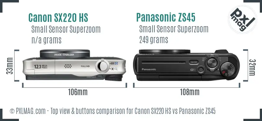 Canon SX220 HS vs Panasonic ZS45 top view buttons comparison
