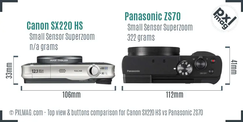 Canon SX220 HS vs Panasonic ZS70 top view buttons comparison