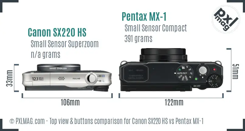Canon SX220 HS vs Pentax MX-1 top view buttons comparison