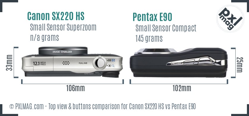 Canon SX220 HS vs Pentax E90 top view buttons comparison