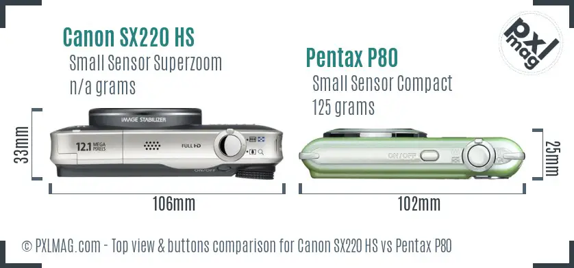 Canon SX220 HS vs Pentax P80 top view buttons comparison