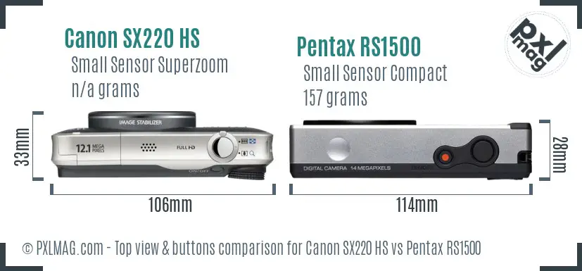 Canon SX220 HS vs Pentax RS1500 top view buttons comparison