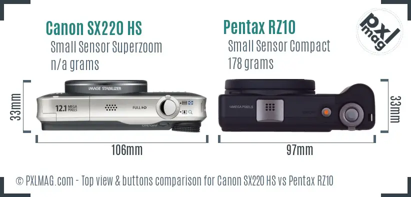 Canon SX220 HS vs Pentax RZ10 top view buttons comparison Canon SX220 HS vs Pentax RZ10 top view buttons comparison