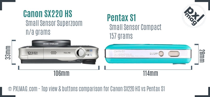 Canon SX220 HS vs Pentax S1 top view buttons comparison