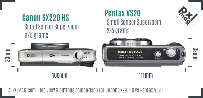 Canon SX220 HS vs Pentax VS20 top view buttons comparison