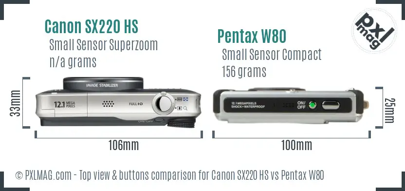 Canon SX220 HS vs Pentax W80 top view buttons comparison
