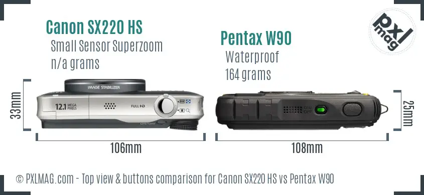 Canon SX220 HS vs Pentax W90 top view buttons comparison