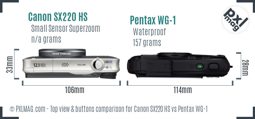 Canon SX220 HS vs Pentax WG-1 top view buttons comparison