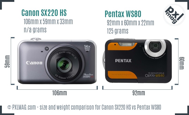 Canon SX220 HS vs Pentax WS80 size comparison