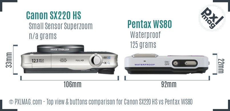 Canon SX220 HS vs Pentax WS80 top view buttons comparison