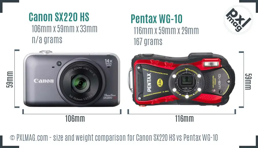Canon SX220 HS vs Pentax WG-10 size comparison