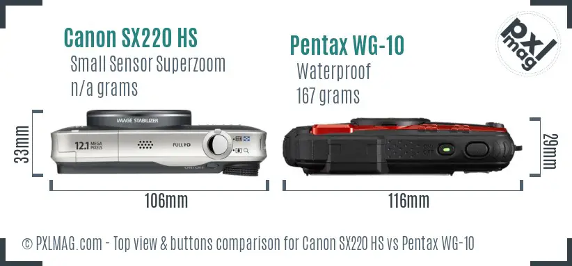 Canon SX220 HS vs Pentax WG-10 top view buttons comparison