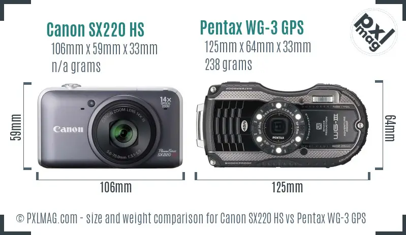 Canon SX220 HS vs Pentax WG-3 GPS size comparison Canon SX220 HS vs Pentax WG-3 GPS size comparison