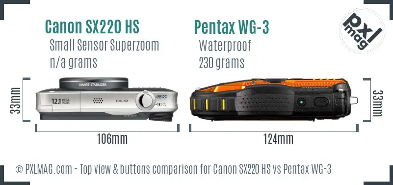 Canon SX220 HS vs Pentax WG-3 top view buttons comparison Canon SX220 HS vs Pentax WG-3 top view buttons comparison