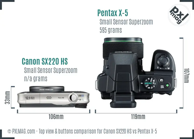 Canon SX220 HS vs Pentax X-5 top view buttons comparison