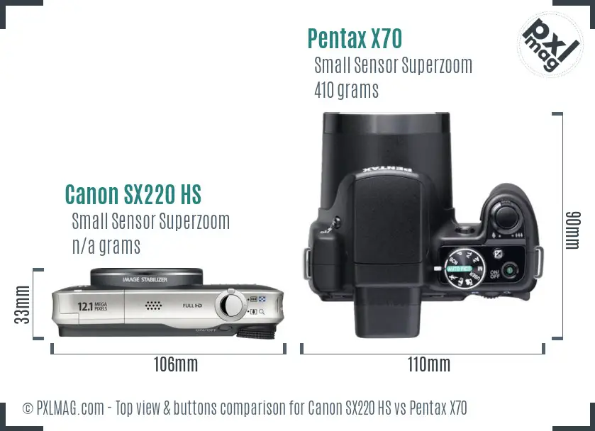 Canon SX220 HS vs Pentax X70 top view buttons comparison